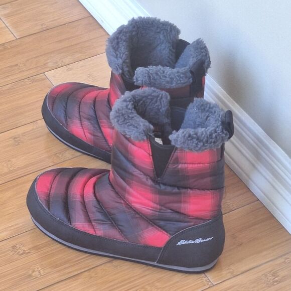 Eddie Bauer Red & Black Plaid Sherpa Lined Thermal Camp Boot Mid Calf Quilted 7 - Picture 2 of 16